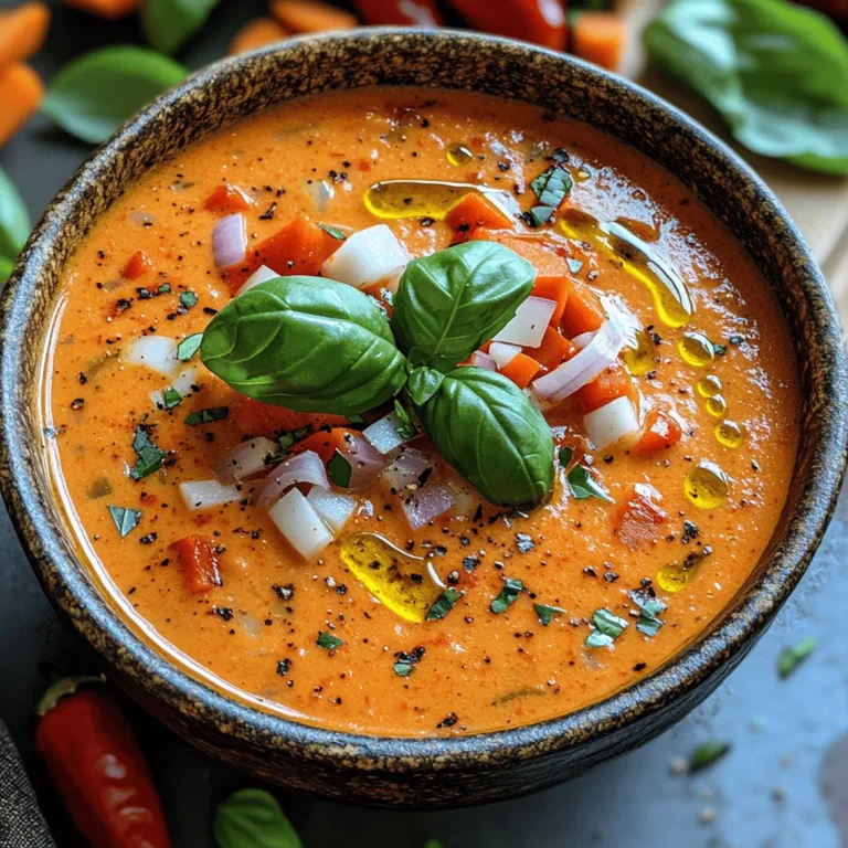Silky Roasted Red Pepper Soup is a delightful culinary creation that combines vivid flavors with a creamy texture, making it an irresistible choice for any meal. This comforting soup is not just a feast for the taste buds; it also boasts a range of health benefits, thanks to its rich array of nutritious ingredients. Red bell peppers, the star of this dish, are packed with vitamins and antioxidants, offering a delicious way to boost your immune system and overall health.