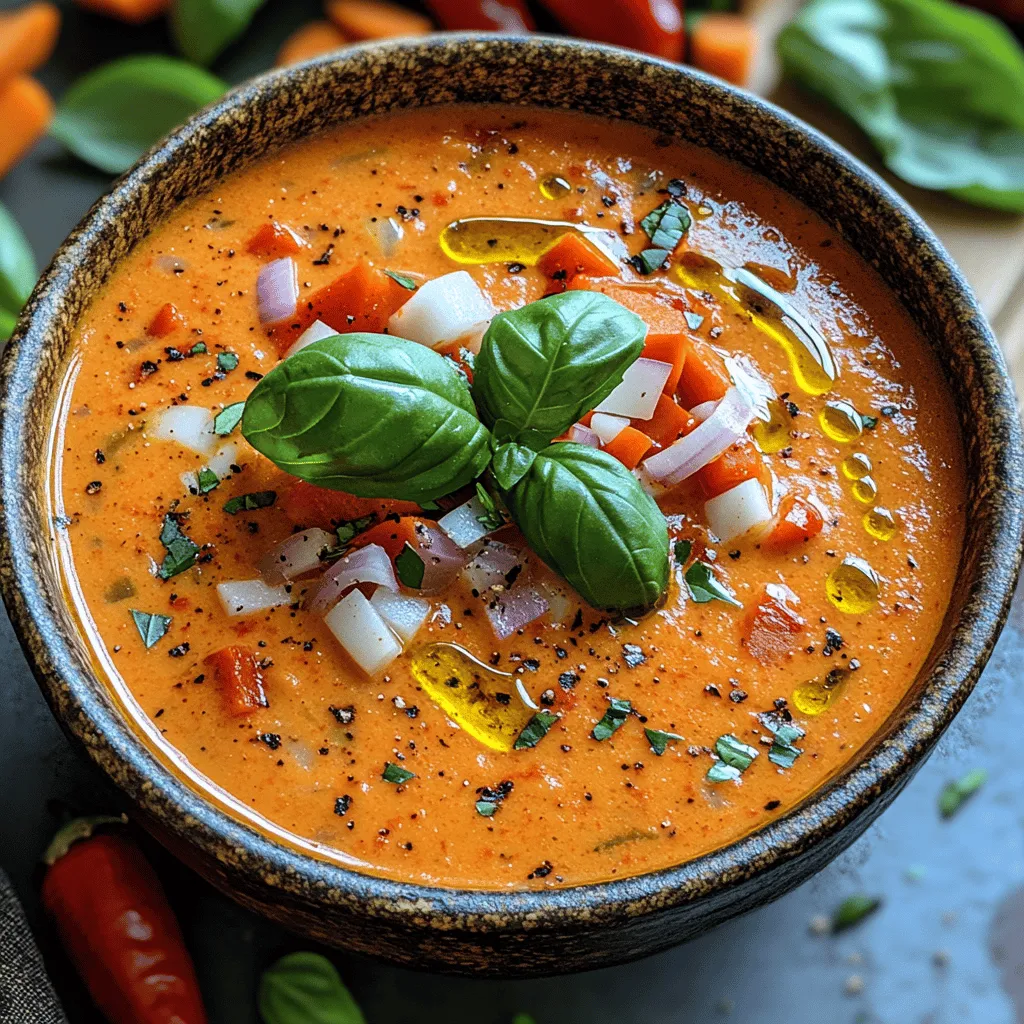 Silky Roasted Red Pepper Soup is a delightful culinary creation that combines vivid flavors with a creamy texture, making it an irresistible choice for any meal. This comforting soup is not just a feast for the taste buds; it also boasts a range of health benefits, thanks to its rich array of nutritious ingredients. Red bell peppers, the star of this dish, are packed with vitamins and antioxidants, offering a delicious way to boost your immune system and overall health.