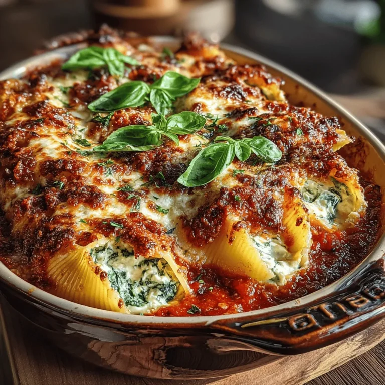 If you're in search of a dish that perfectly balances comfort, satisfaction, and flavor, look no further than Cheesy Spinach Delight Stuffed Shells. This delightful recipe is a true crowd-pleaser, bringing together the creamy goodness of cheeses and the fresh taste of spinach in a beautiful presentation. Ideal for a cozy weeknight dinner or a festive family gathering, this dish is not only easy to prepare but delivers an outcome that is sure to impress even the pickiest eaters.