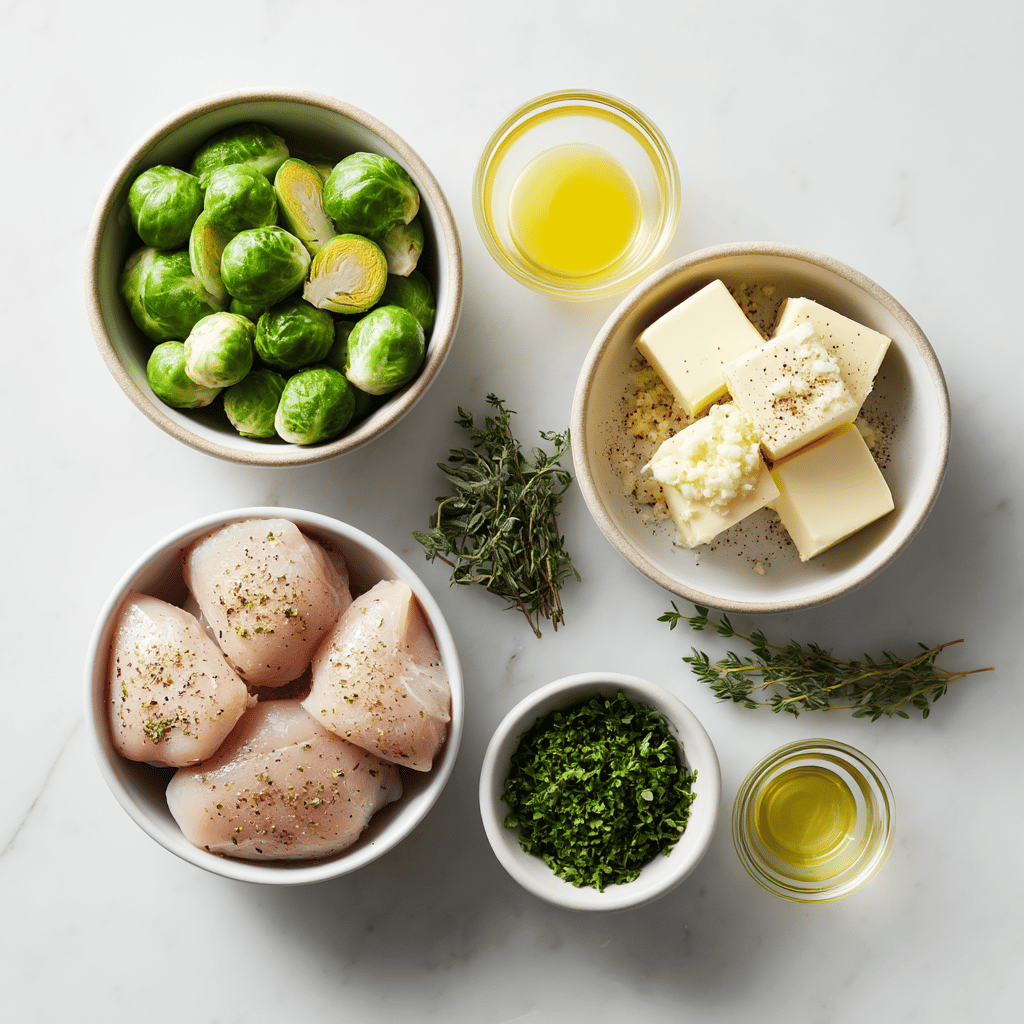 Ingredients for Garlic Butter Chicken Skillet with Crispy Brussels